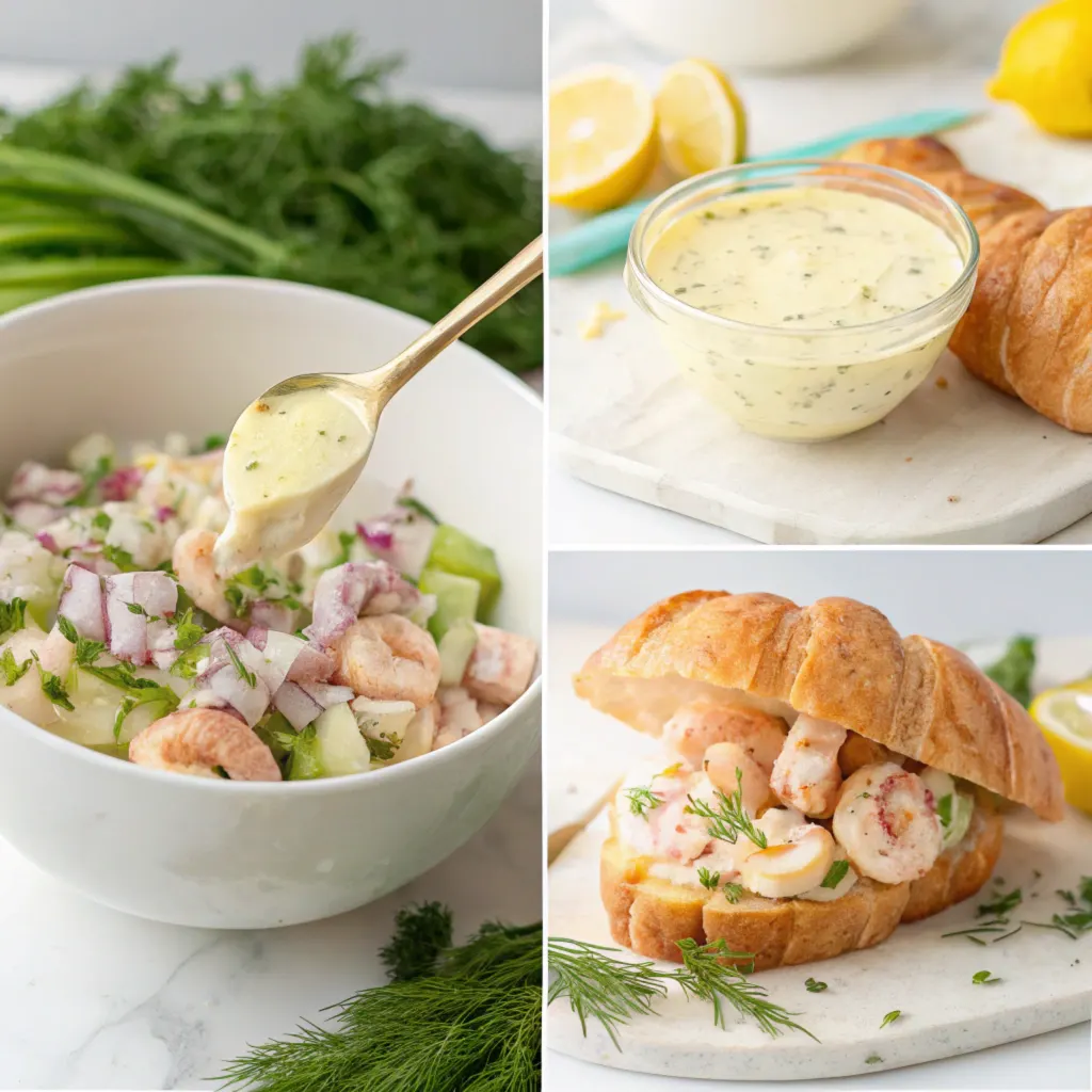 a-step-by-step-visual-representation-of-making-a-s Step-by-step process of making a Shrimp Salad Sandwich, from mixing shrimp salad ingredients to assembling on a croissant, presented in a clean and organized setting.