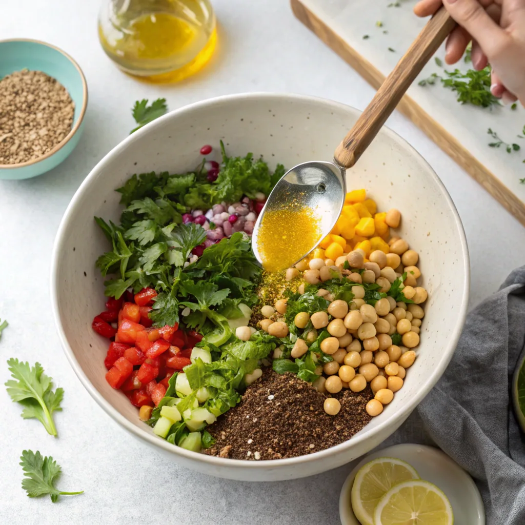 a-top-down-view-of-a-large-mixing-bowl-showing-the Mixing bowl filled with chickpeas, greens, flaxseeds, and fresh vegetables being tossed with dressing.