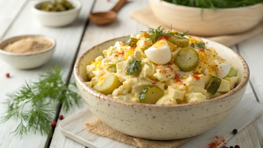 Creamy egg salad with dill pickles in a rustic bowl on a wooden table.