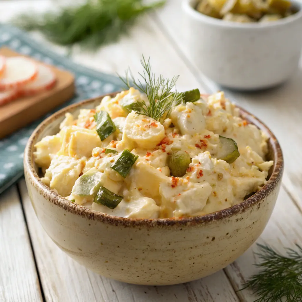 a-visually-appealing-image-of-a-freshly-prepared-e Creamy egg salad with dill pickles in a rustic bowl on a wooden table.1