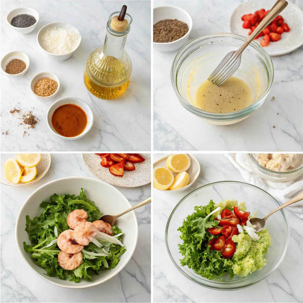 a-visually-engaging-step-by-step-presentation-for- A visually engaging step-by-step presentation for preparing New Orleans Soaked Salad Dressing. The setup is on a clean marble countertop, with natural light highlighting the process.