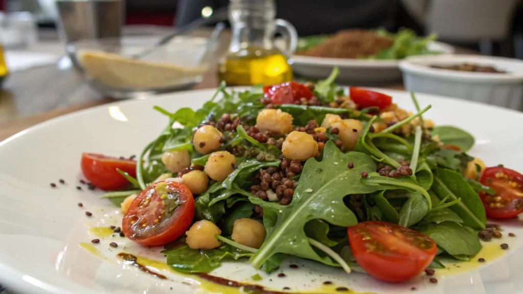 Close-up of a beautifully plated chickpea and flaxseed salad with vibrant vegetables and a light dressing