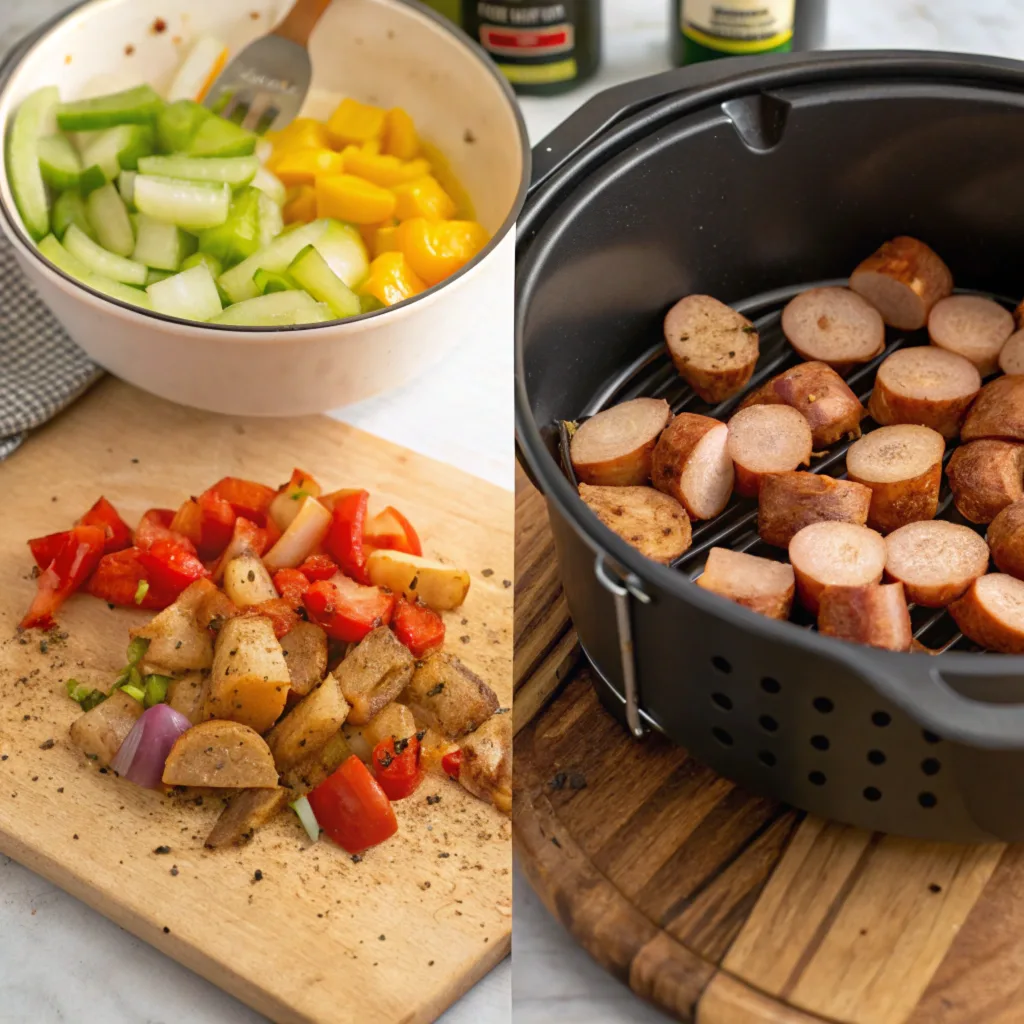 air fryer polish sausage potatoes onions and peppers (1) A kitchen scene showing the preparation of Air Fryer Polish Sausage, Potatoes, Onions, and Peppers. Sliced sausage, chopped vegetables, and spices are arranged on a cutting board and in a mixing bowl. The air fryer basket is filled with seasoned ingredients, with steam rising as they cook.