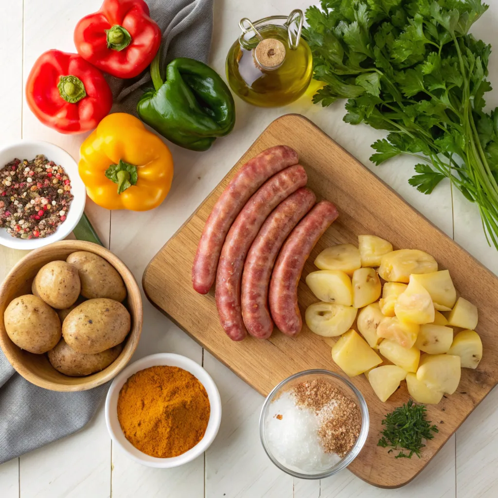 air fryer polish sausage potatoes onions and peppers (2) A flat lay of ingredients for Air Fryer Polish Sausage, Potatoes, Onions, and Peppers. Polish sausage, Yukon Gold potatoes, colorful bell peppers, sweet onions, bowls of spices, olive oil, and fresh parsley are neatly arranged on a wooden cutting board. The setup is brightened by soft natural lighting.