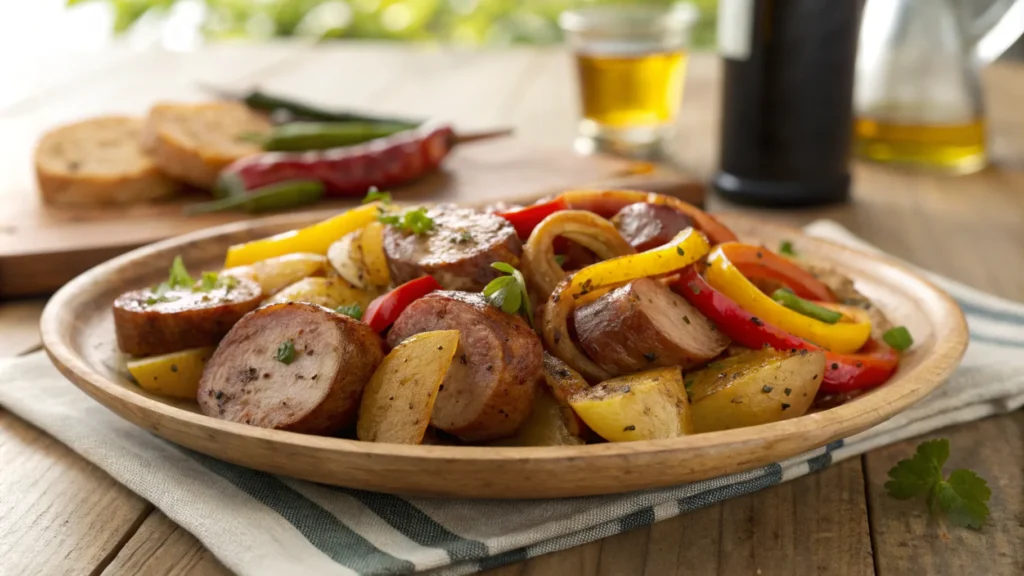 A plated dish of Air Fryer Polish Sausage, Potatoes, Onions, and Peppers on a rustic wooden table. The dish features golden-brown sausage slices, roasted potatoes, caramelized onions, and colorful bell peppers garnished with fresh parsley. Soft natural light highlights the vibrant colors and textures of the food.