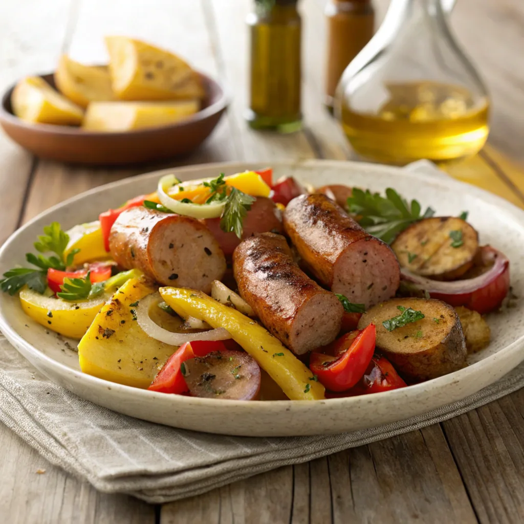 air fryer polish sausage potatoes onions and peppers (4) A plated dish of Air Fryer Polish Sausage, Potatoes, Onions, and Peppers on a rustic wooden table. The dish features golden-brown sausage slices, roasted potatoes, caramelized onions, and colorful bell peppers garnished with fresh parsley. Soft natural light highlights the vibrant colors and textures of the food.vg