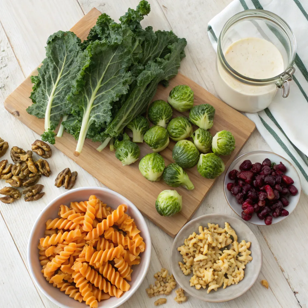an-elegant-flat-lay-of-winter-pasta-salad-ingredie Flat-lay of Winter Pasta Salad ingredients including pasta, kale, sweet potatoes, Brussels sprouts, cranberries, walnuts, and balsamic dressing on a wooden surface.