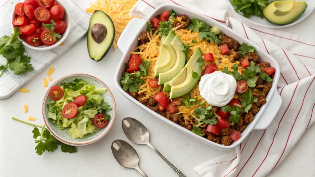 Blog feature image of taco salad casserole surrounded by fresh ingredients and serving utensils, set in a festive dining arrangement