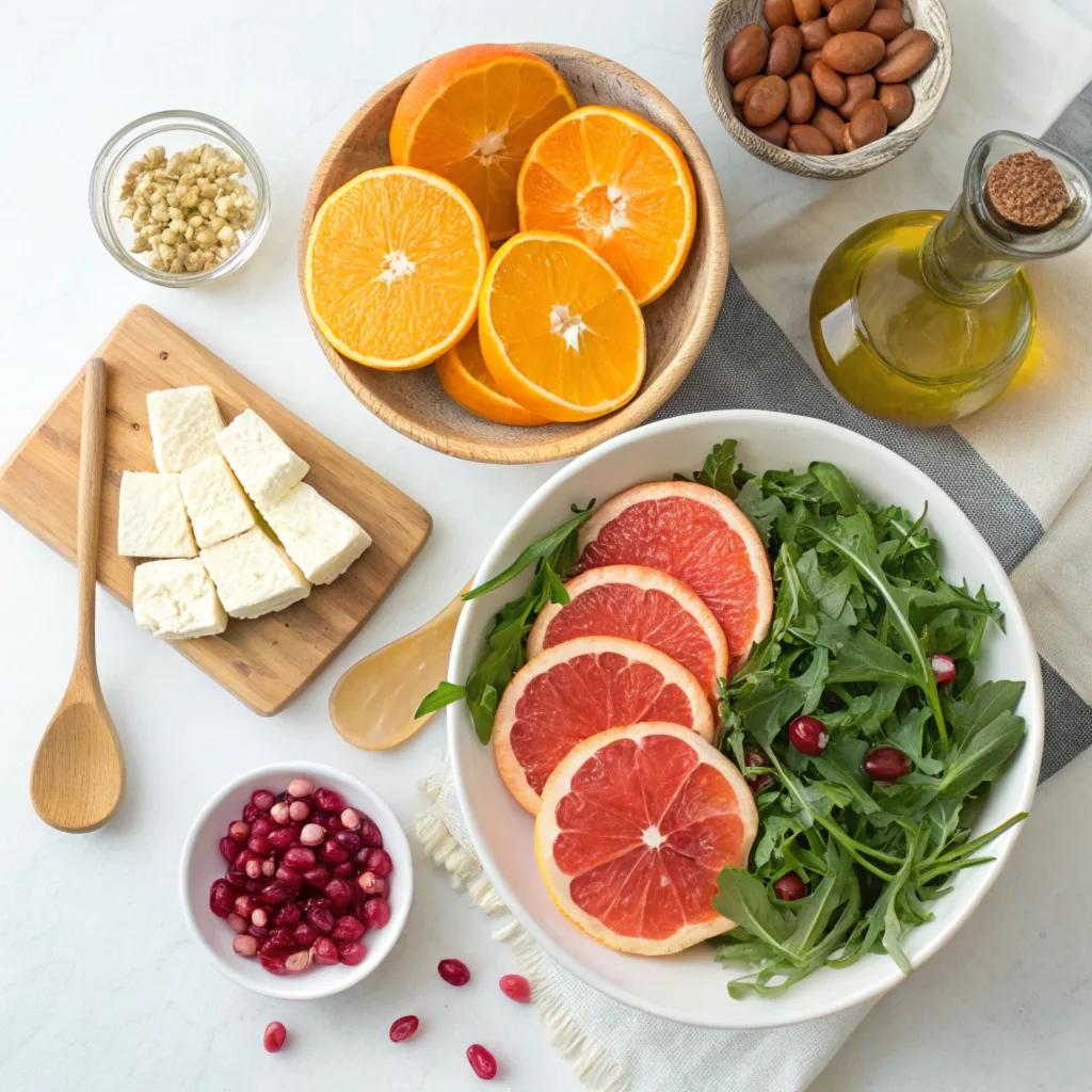 an-overhead-flat-lay-of-the-ingredients-for-a-wint Flat lay of fresh Winter Citrus Salad ingredients: citrus slices, arugula, feta cheese, nuts, and pomegranate seeds, arranged on a white surface.