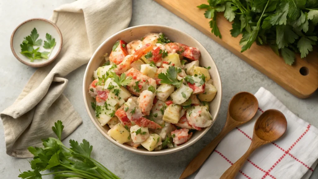 Overhead shot of lobster potato salad in a serving bowl on a rustic counter, garnished with fresh herbs and paired with a wooden spoon