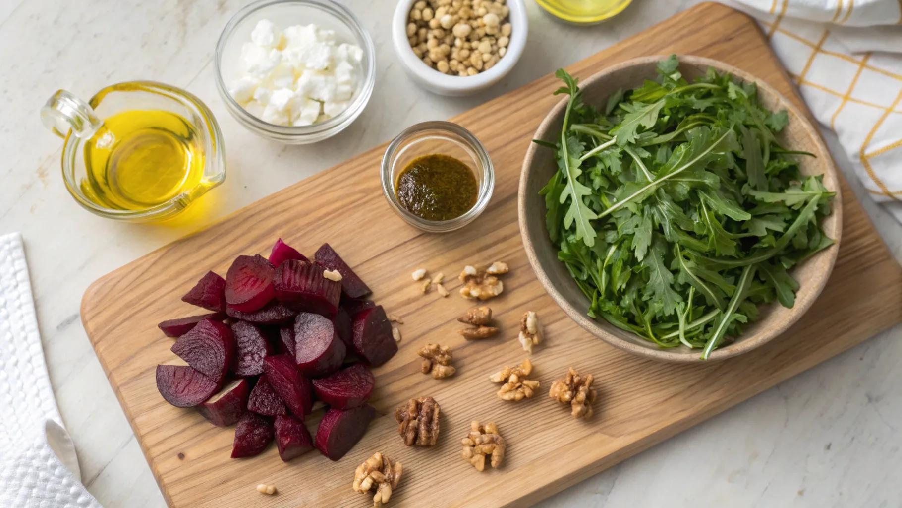 an-overhead-shot-of-neatly-arranged-ingredients-fo Ingredients for Balthazar beet salad arranged on a wooden cutting board, including beets, greens, goat cheese, walnuts, and dressing components.