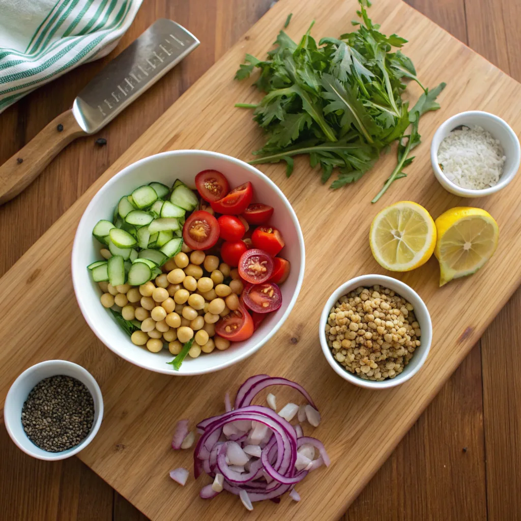 an-overhead-shot-of-neatly-arranged-salad-ingredie Prepped salad ingredients in small bowls, including chopped red onion, cherry tomatoes, and cucumbers, with flaxseeds and olive oil.