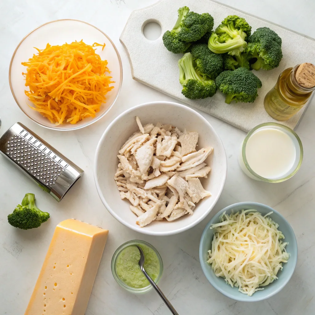 an-overhead-view-of-fresh-and-prepped-ingredients- Fresh ingredients for Chicken Divan recipe including chicken, broccoli, cheeses, and breadcrumbs on a kitchen countertop.
