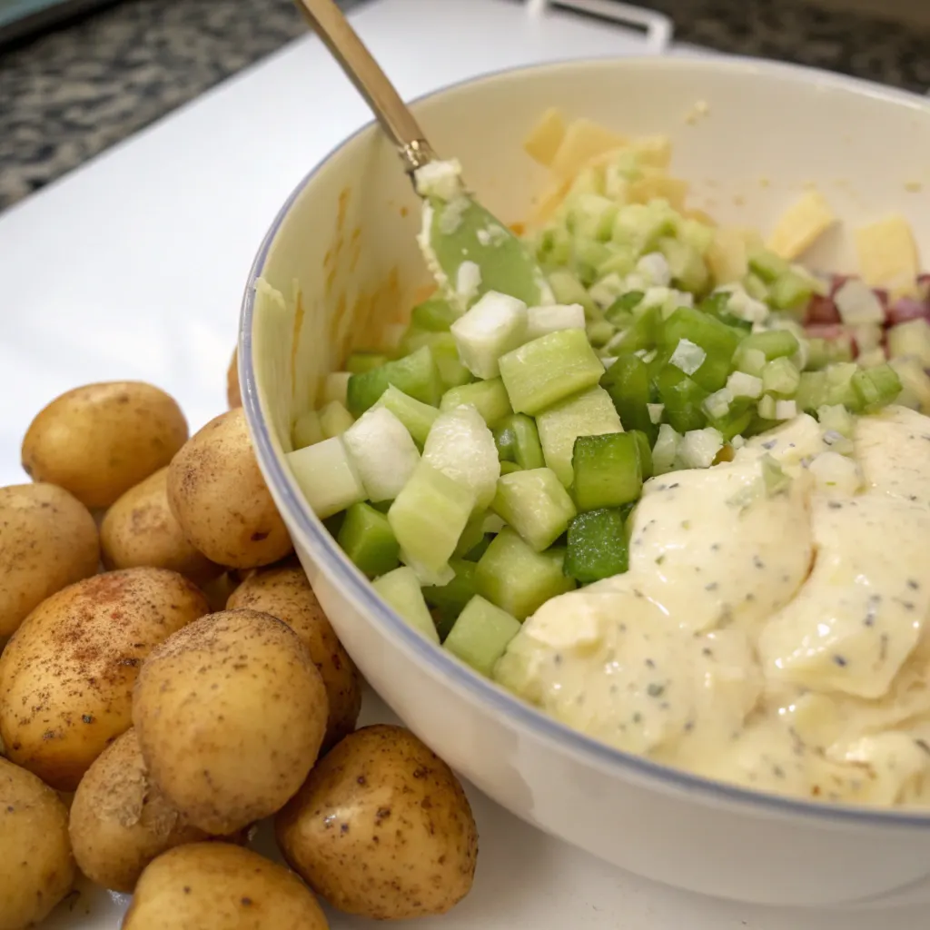 boiled-ozette-potatoes-being-mixed-with-a-creamy-d Boiled Ozette potatoes being mixed with a creamy dressing in a bowl, with diced celery and onions visible, highlighting the preparation process.