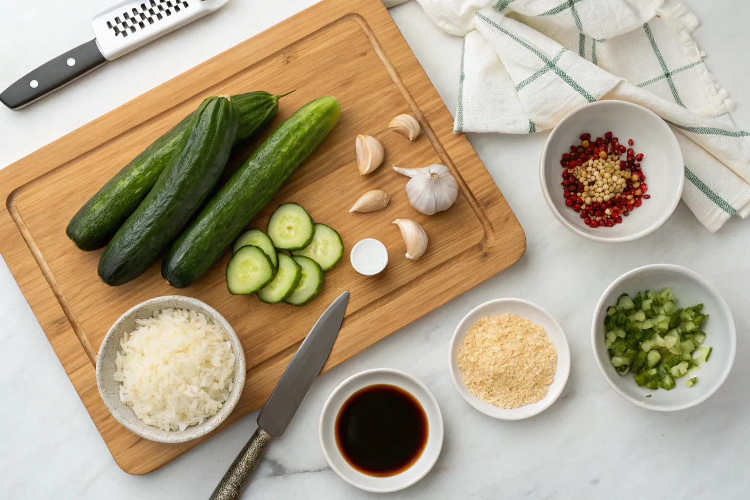 Fresh Ingredients for Din Tai Fung Cucumber Salad RecipeFresh Ingredients for Din Tai Fung Cucumber Salad Recipe Ingredients for cucumber salad, including cucumbers, garlic, soy sauce, and sesame oil.