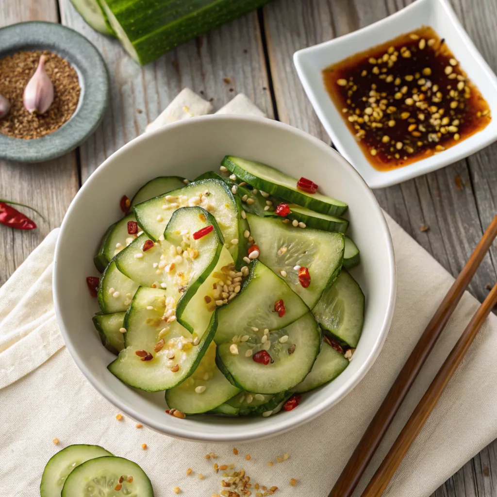 Preparing Cucumbers for Din Tai Fung Salad RecipePreparing Cucumbers for Din Tai Fung Salad Recipe Sliced cucumbers being salted in a colander with dressing being whisked nearby.