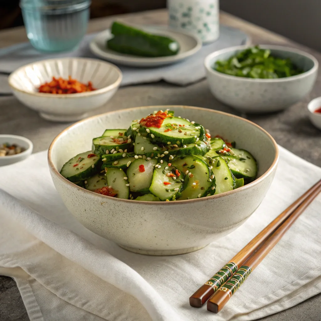 Din Tai Fung Cucumber Salad Ready to ServeDin Tai Fung Cucumber Salad Ready to Serve Finished cucumber salad garnished with sesame seeds and chili flakes on a set dining table.
