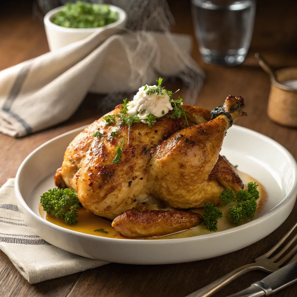 melt in your mouth chicken (2) Melt in Your Mouth Chicken' garnished with fresh parsley, served on a white plate with a rustic dining setting.