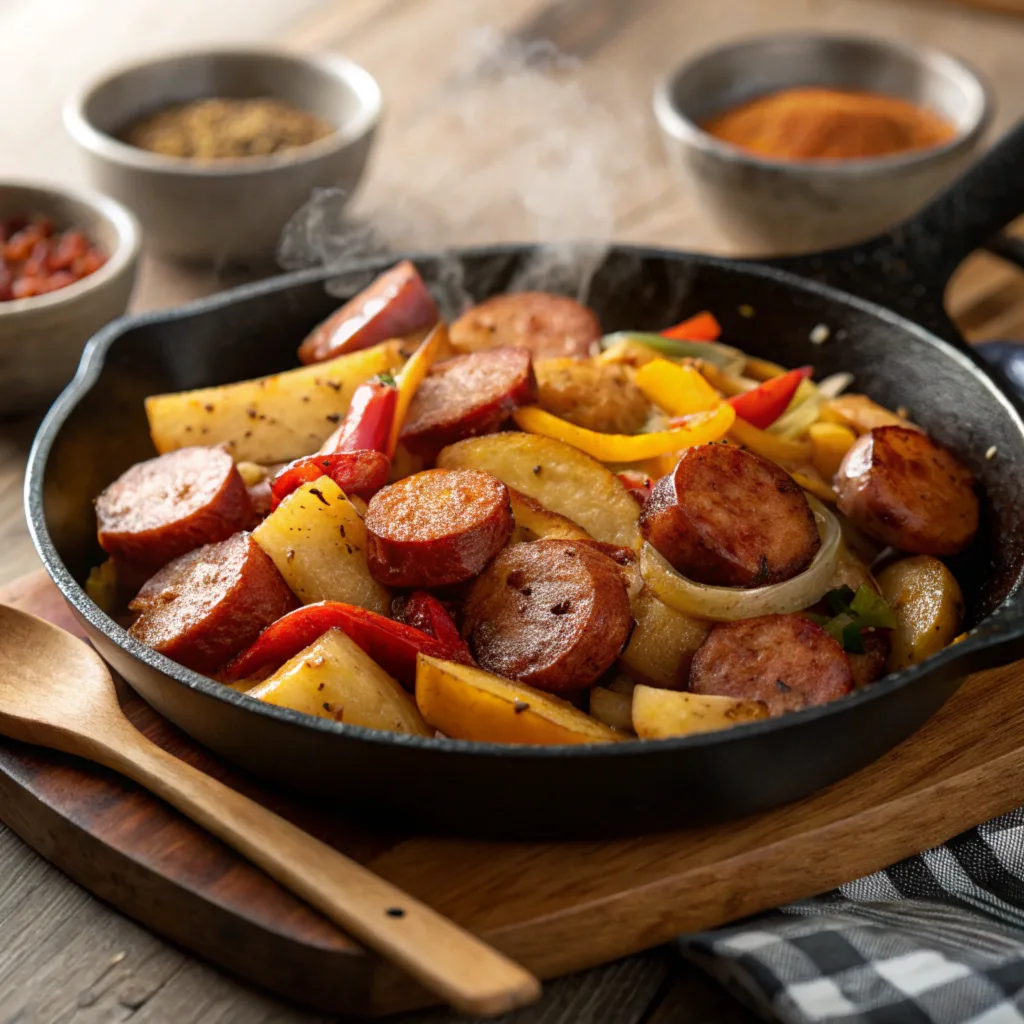 smoked sausage and potatoes (1) A skillet filled with caramelized sausage, golden potatoes, and vibrant peppers, capturing the sizzling and aromatic cooking process.
