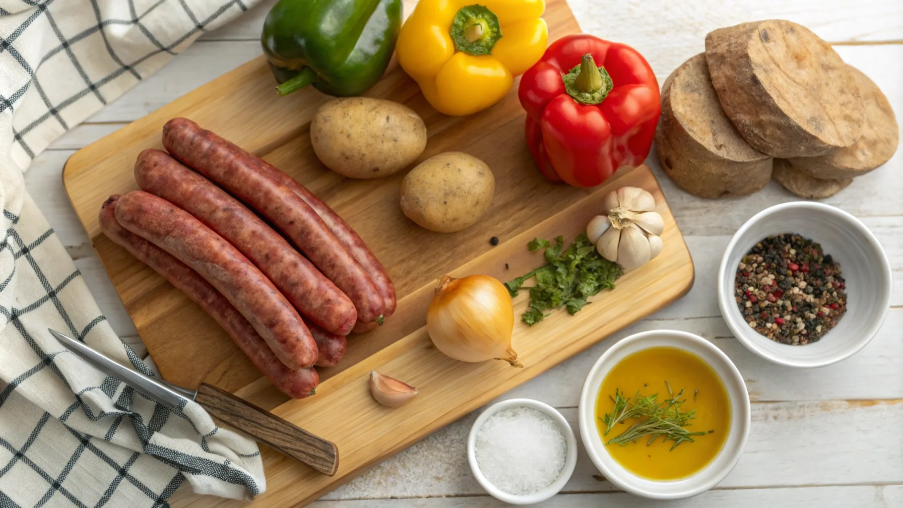smoked sausage and potatoes (2) A flat-lay of fresh ingredients for Smoked Sausage and Potatoes, including sausage, potatoes, onion, bell peppers, garlic, and seasonings, styled on a wooden board.