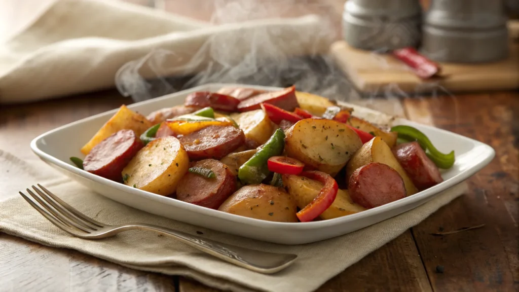 A warm and inviting presentation of Smoked Sausage and Potatoes, showcasing golden potatoes, caramelized sausage slices, and colorful bell peppers, styled on a rustic wooden table.n