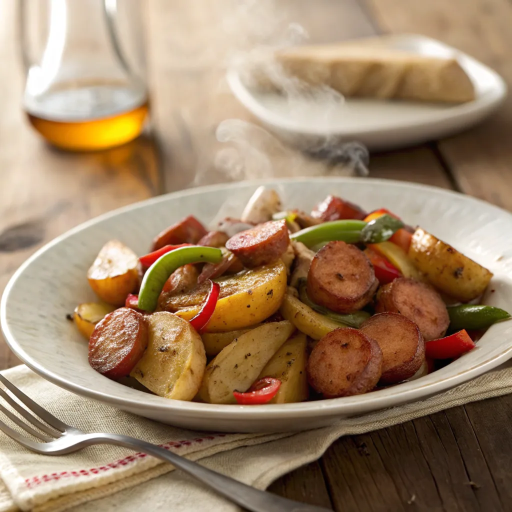 smoked sausage and potatoes (4) A warm and inviting presentation of Smoked Sausage and Potatoes, showcasing golden potatoes, caramelized sausage slices, and colorful bell peppers, styled on a rustic wooden table.