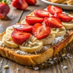 Peanut butter toast with bananas, strawberries, coconut, and honey on ciabatta bread – a delicious and healthy breakfast idea.