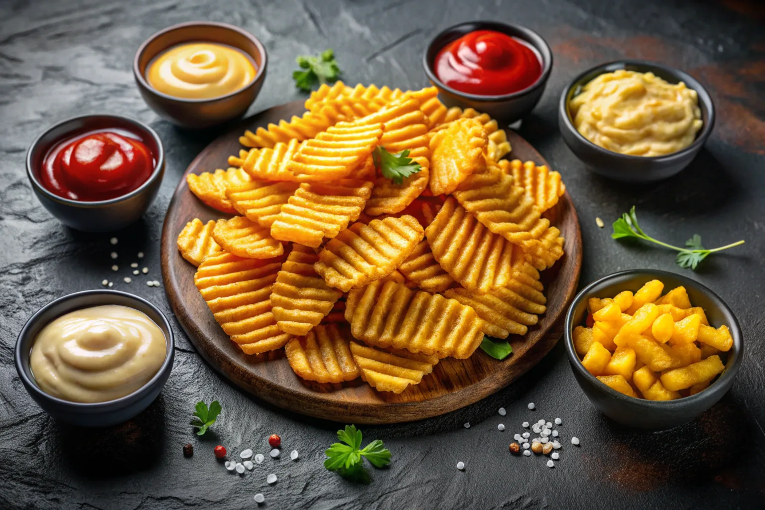 a-comparison-of-waffle-fries-one-batch-featuring-t Side-by-side comparison of classic golden waffle fries and thicker, crispier fries with a textured surface, accompanied by small bowls of ketchup and ranch dressing.