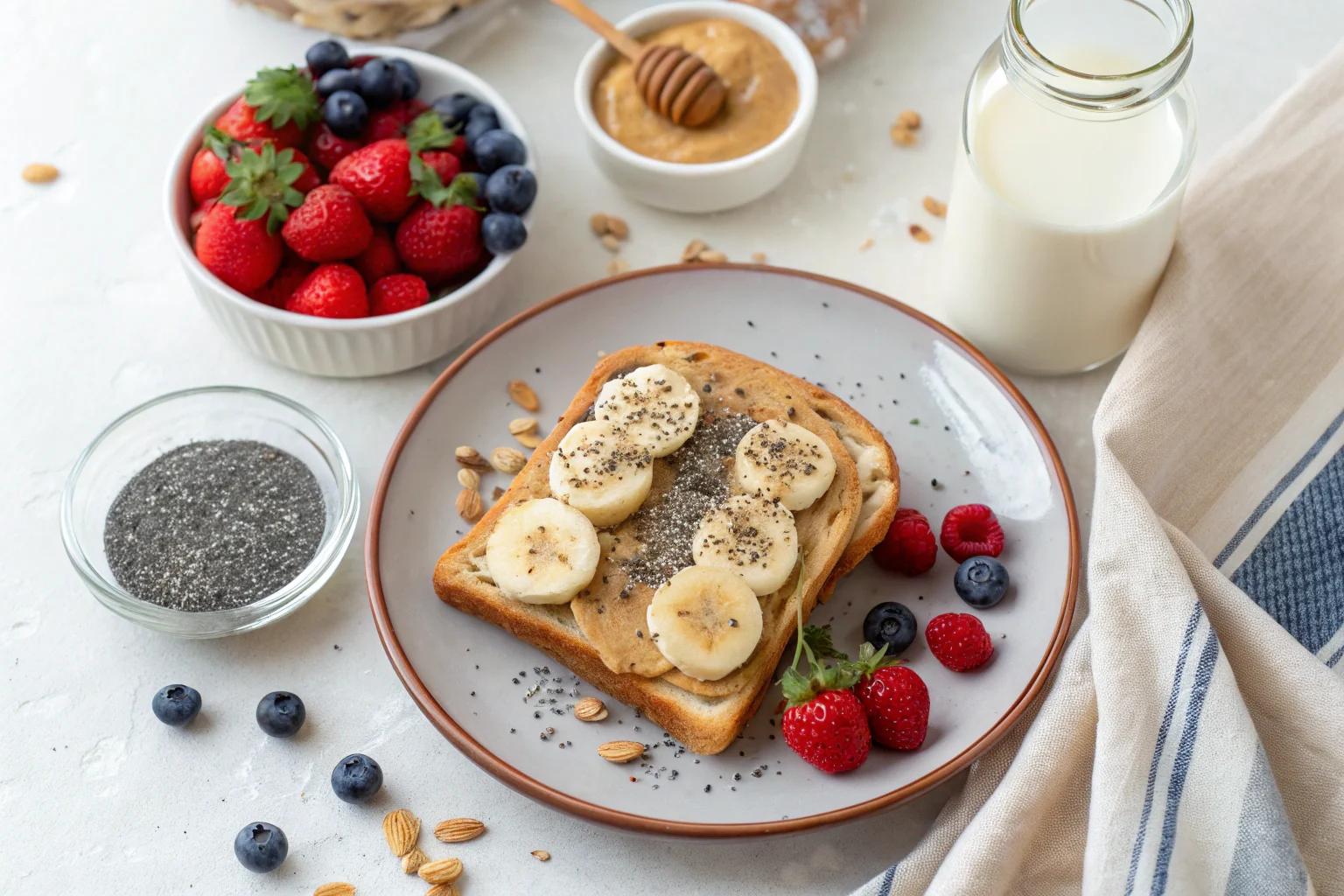 Healthy peanut butter toast with bananas and chia seeds, served with fresh berries and milk – a perfect breakfast combo.