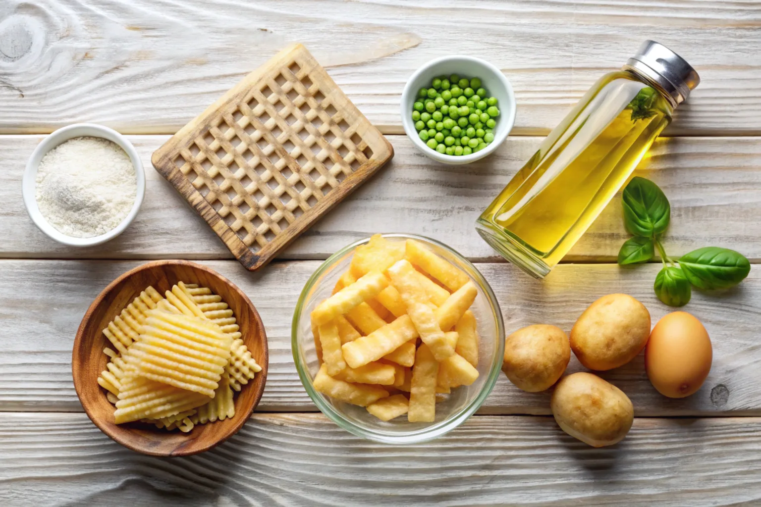 a-neatly-arranged-flat-lay-of-ingredients-used-for Flat-lay of waffle fry ingredients, including raw russet potatoes, pea starch, sea salt, peanut oil, and a mandoline slicer on a wooden surface.