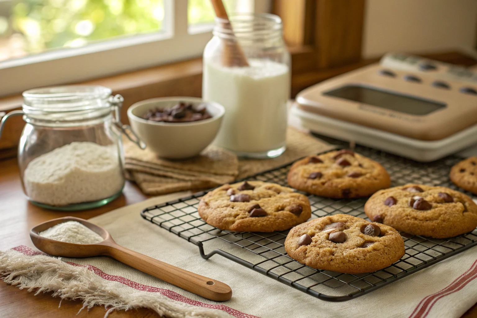 a-warm--inviting-kitchen-scene-featuring-freshly-b A warm, inviting kitchen scene featuring freshly baked chocolate chip cookies cooling on a wire rack.