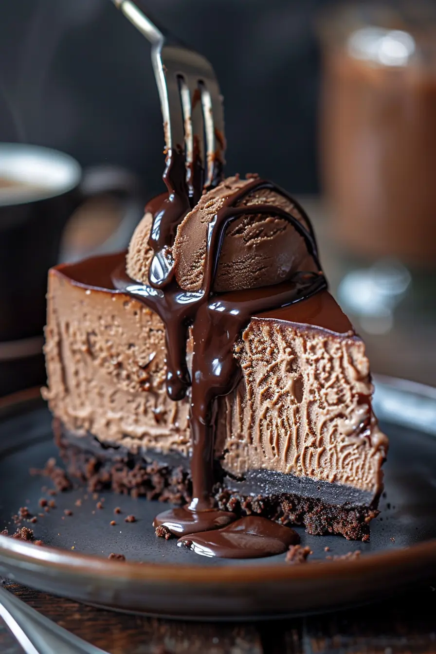 chocolate-cheesecake-ice-cream Can You Eat Cheesecake with Ice Cream? Chocolate cheesecake with a scoop of chocolate ice cream melting over the top