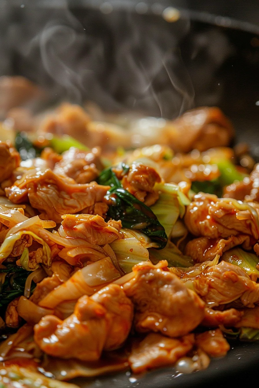 cooking-hmong-cabbage-chicken Stir-frying chicken and cabbage for a Hmong-inspired meal