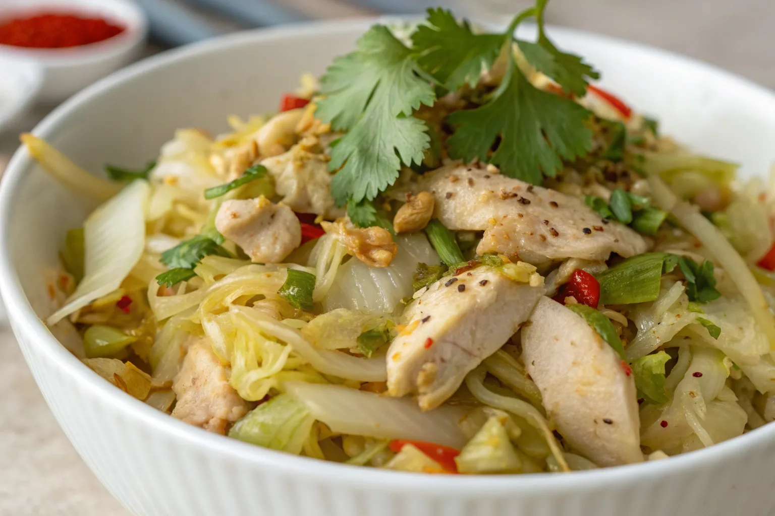 A vibrant flat-lay of ingredients for Hmong cabbage and chicken recipe, including fresh cabbage, chicken breast, garlic, soy sauce, and oyster sauce, arranged neatly on a wooden table.