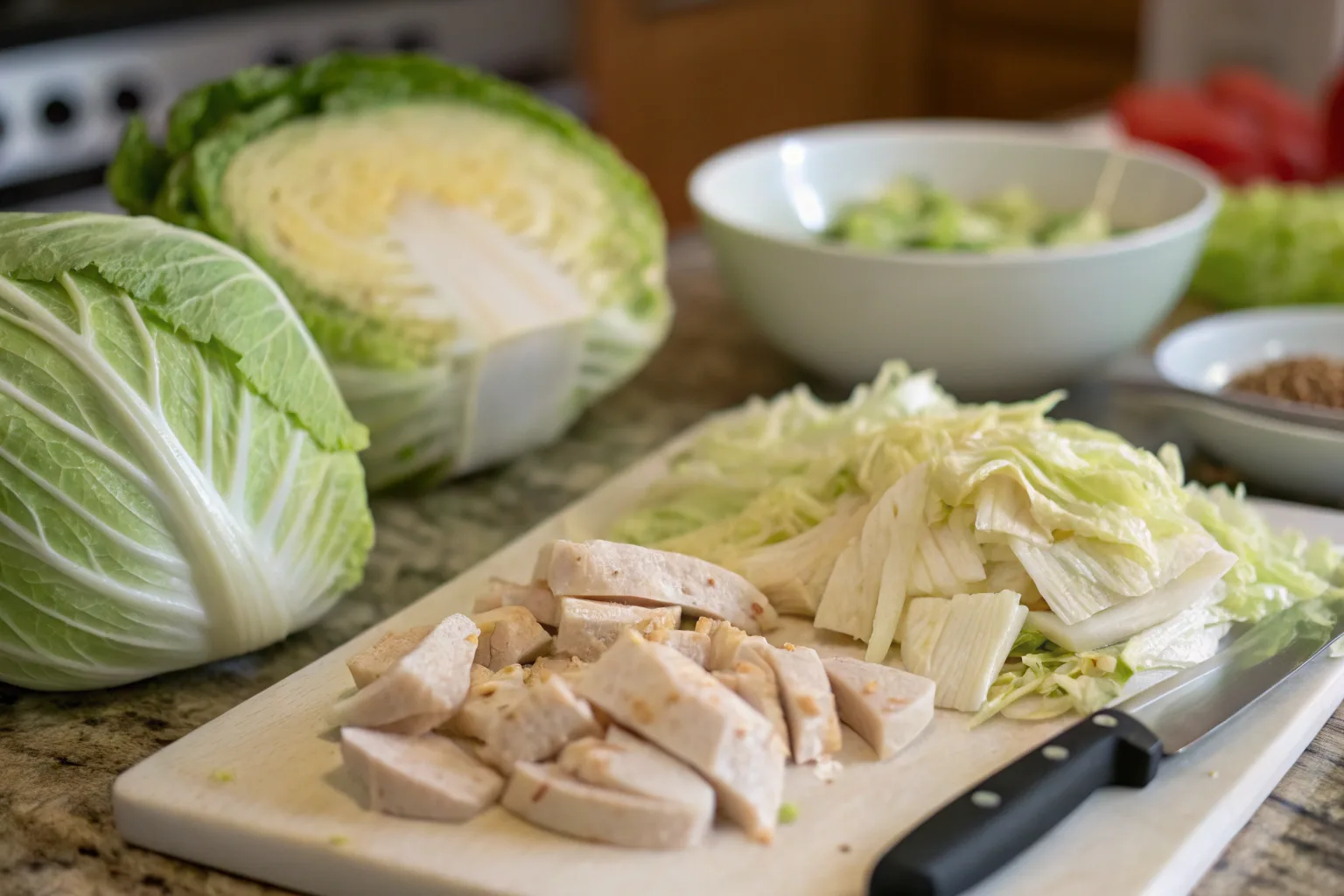 A close-up of a steaming plate of Hmong cabbage and chicken, featuring tender chicken strips, crunchy shredded cabbage, and a savory sauce, served over fluffy white rice.