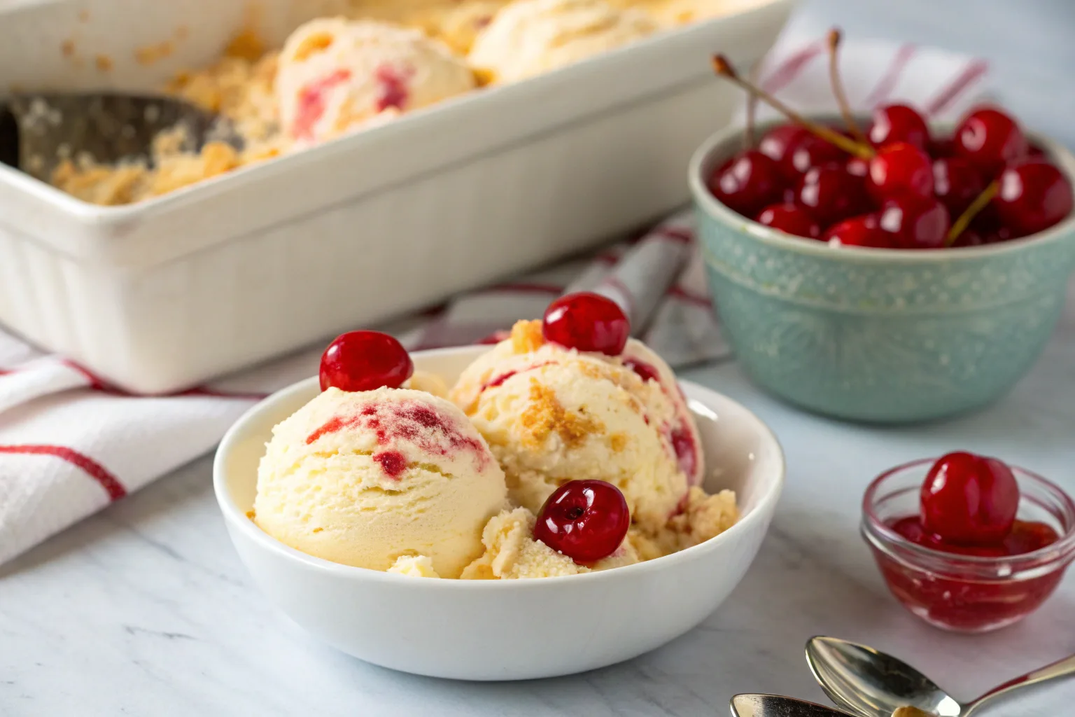 maraschino-cherries-cheesecake-ice-cream-recipe-no (1) How to keep cherries from freezing in ice cream A single cherry blossom tree in full bloom stands by a tranquil pond. The delicate pink flowers cover every branch, with some petals floating gently on the water's surface. The surrounding area is lush and green, with a hint of mountains in the distance under a soft, pastel sky.